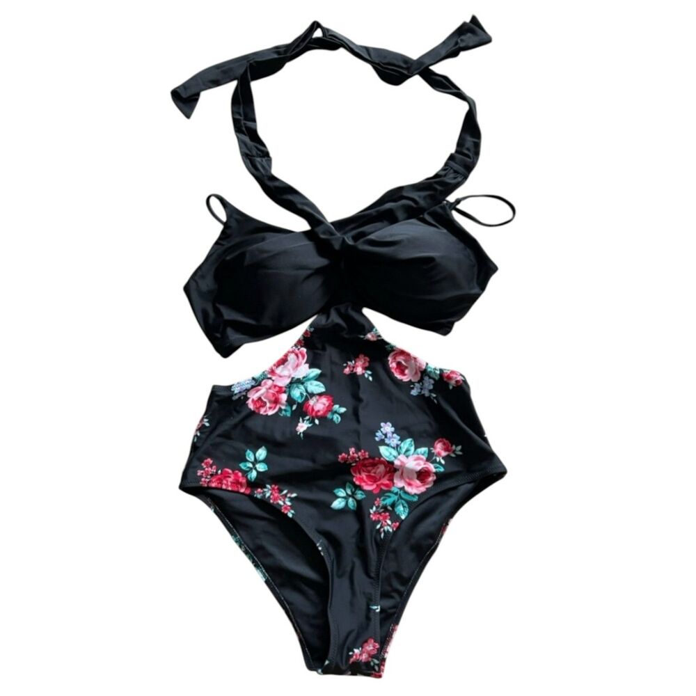 Floral One Piece Swimsuit Women's Size XL Halter Tummy Control Bathing Suit NWT